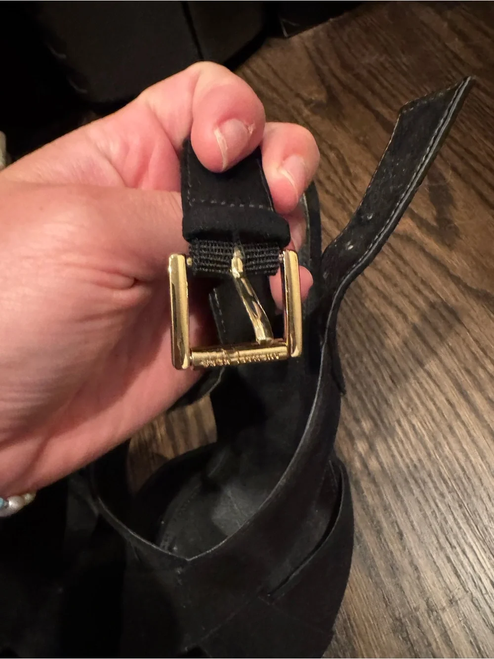 Michael Kors Black Suede Crisscross Slingback Heels with Gold Buckles